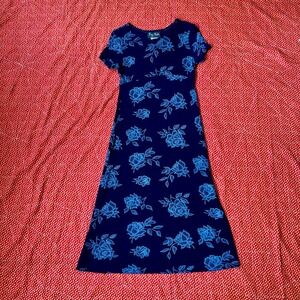 Jazz Navy Blue Floral Rose Print Short Sleeve Empire Waist Maxi Dress Med